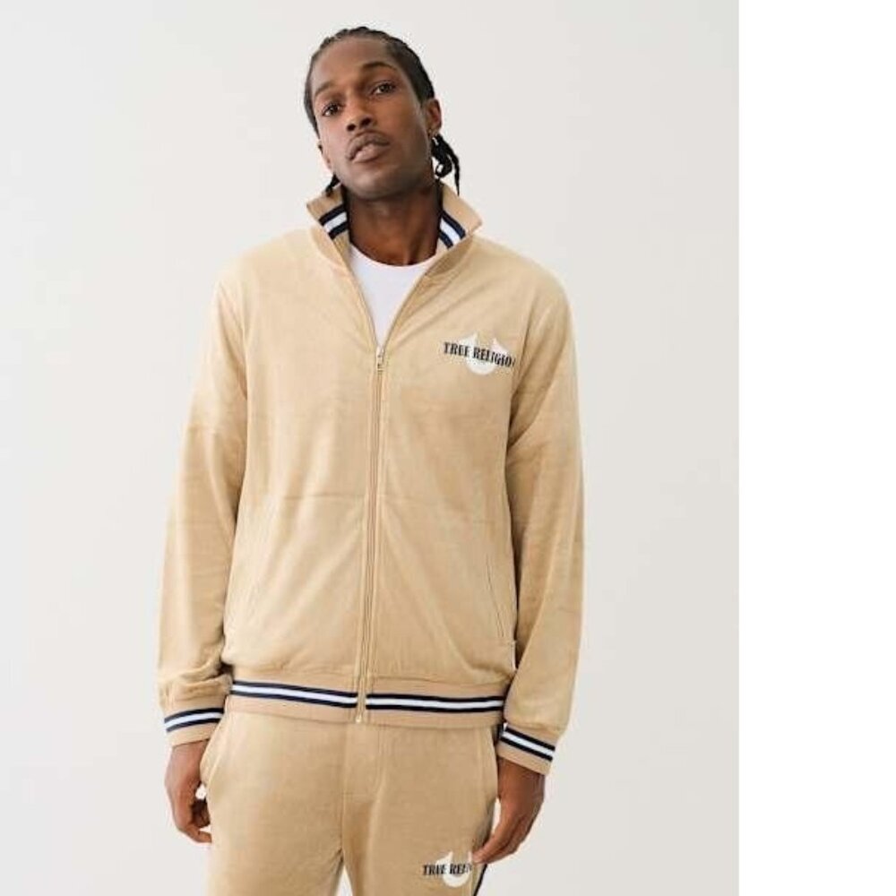 NWT True Religion Men's Velour Logo Track Jacket  Travertine Color Small S